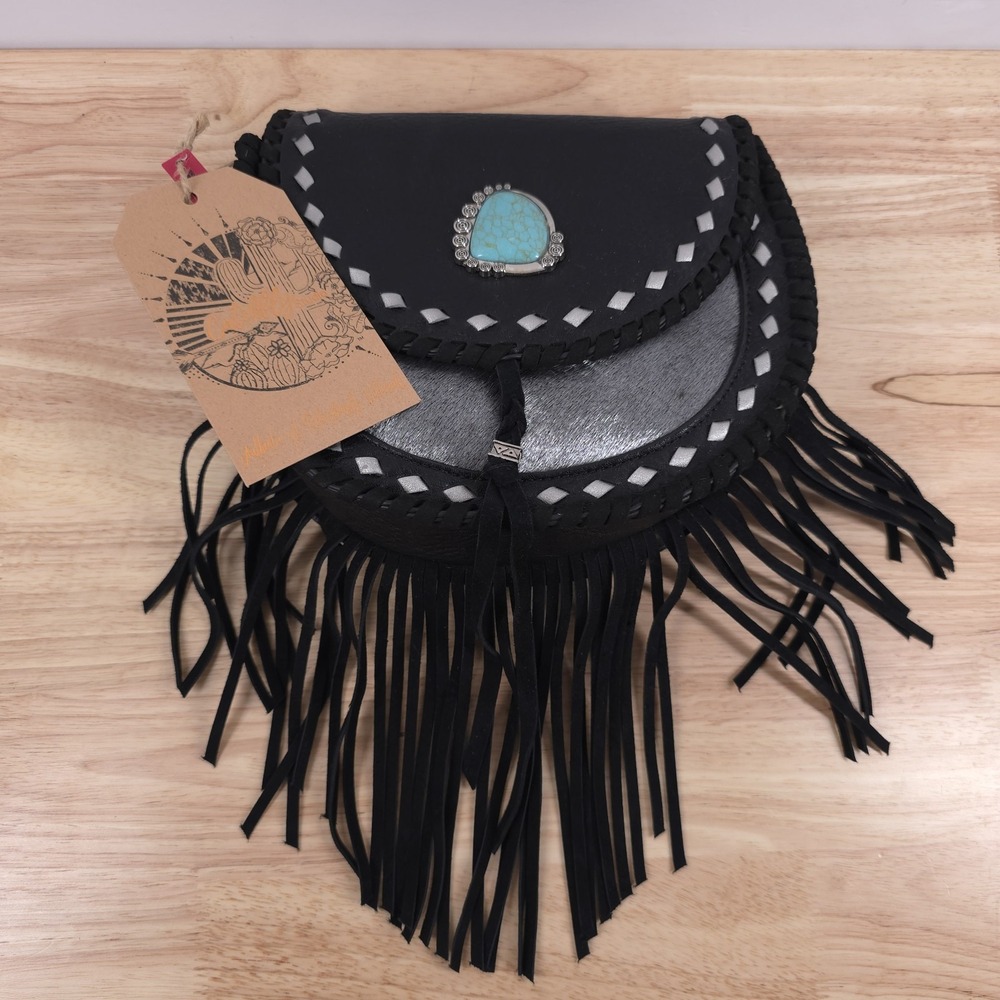 Trenditions Women's Black Catchfly Hairon Crossbody Bag Purse Western Fringe NEW